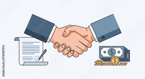 Closing the deal with a firm handshake, contract, and money illustration graphic.