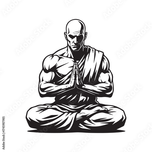 Stylized Silhouette of a Muscular Monk Meditating in Lotus Pose with Prayer Hands
