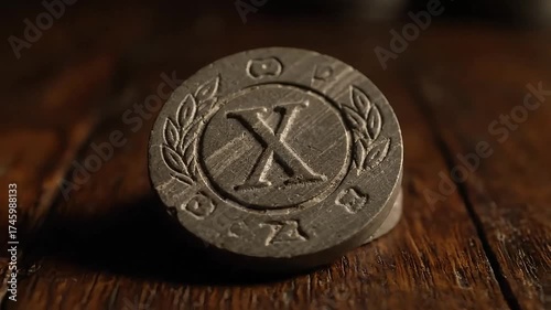 Ancient coin with a prominent 'X' symbol, evoking history and mystery.