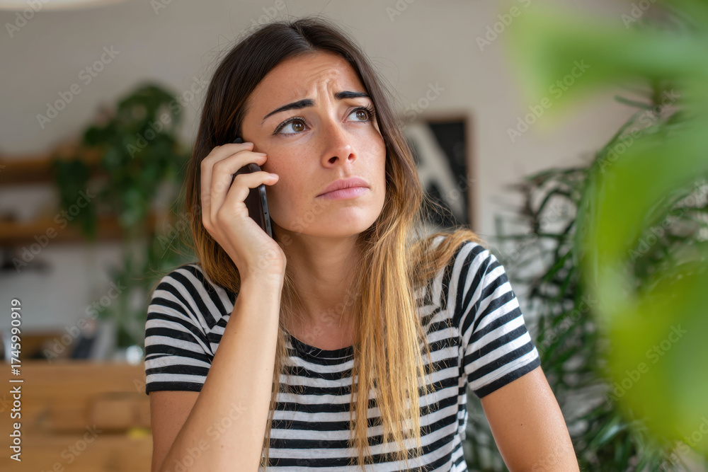 Fototapeta premium Portrait of a worried woman talking on the phone at home, showing concern or stress. Ideal for illustrating communication, anxiety, emotional situations, or modern lifestyle themes.