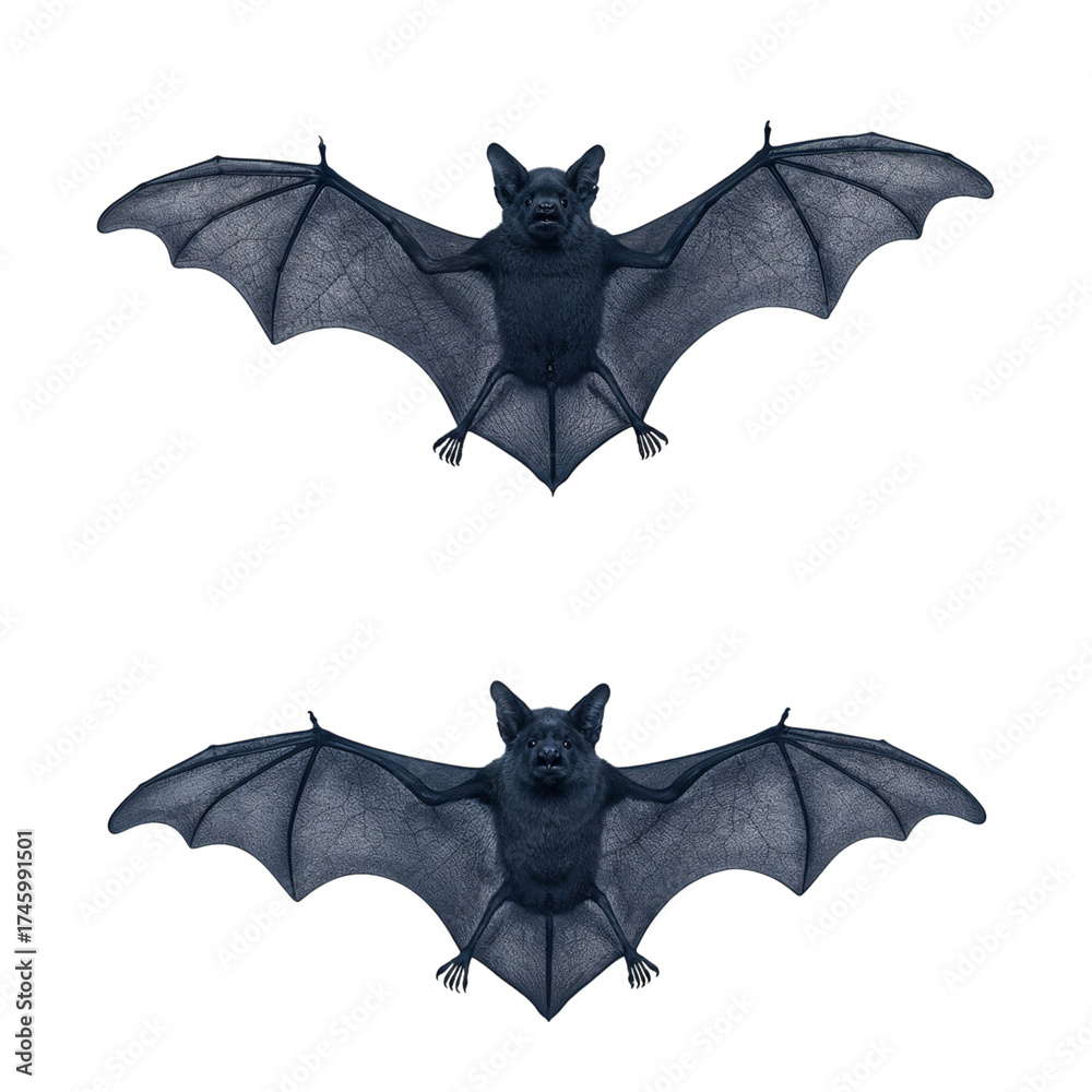 Fototapeta premium Two realistic flying bats silhouette with open wings dark blue tones isolated on transparent background