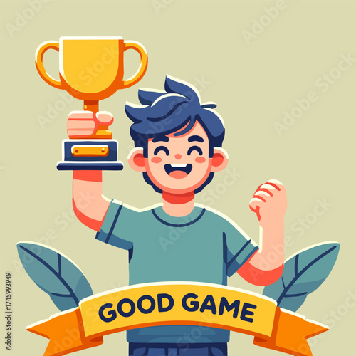 Flat Illustration of Boy Holding Gold Trophy Cup with Good Game Banner and Blue Leaves