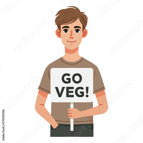 Flat Illustration of Young Man Holding Go Veg Sign on White Background