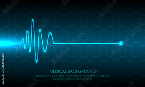 Illustration of Emergency ekg monitoring. Blue Glowing Neon Heart Pulse. Heartbeat. Dark Blue Background with a Grid. Vector Illustration. All in a single layer.
