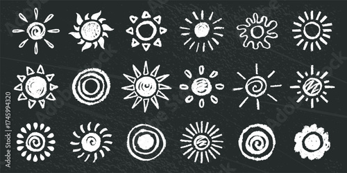 Sun icon chalk chalk board grungy effect set. Different sun hand drawn sketch. Textured vector design collection. Summertime figure sign natural drawing objects concept. Graffiti computer graphic