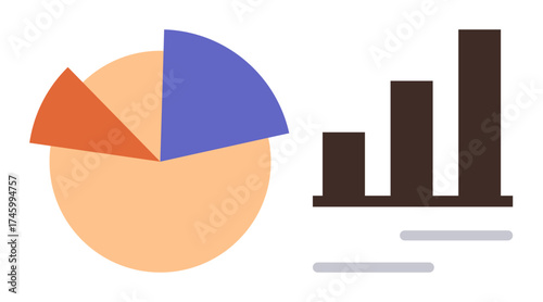 Pie chart with divided sections and bar graph showcasing data analysis, comparison, and trends. Ideal for business, finance, presentation, strategy, analytics, education simple flat metaphor