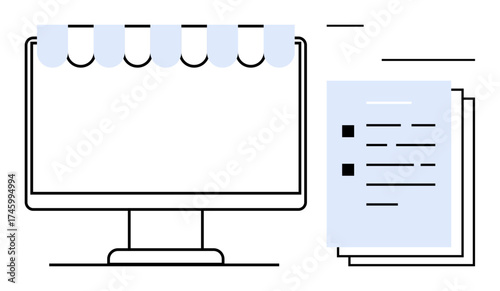 Computer with awning represents online business. Stacked documents symbolize organized workflows. Ideal for e-commerce, digital tools, business, data sharing, mobile apps, cloud services, simple flat