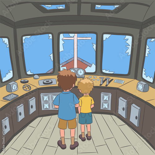The interior of an abandoned ship s wheelhouse with two children.