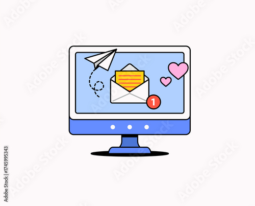 Computer monitor with new email notification and paper plane vector illustration