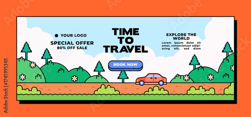 Travel banner with car on road and scenic landscape vector illustration cartoon