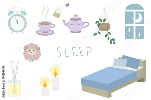 安眠を誘うナイトタイムのアイテムのイラスト素材セット