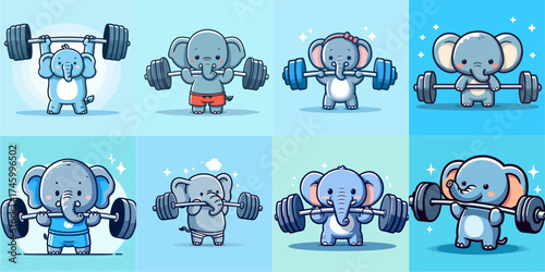vector illustration set of cartoon elephants lifting barbells on blue background