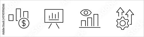 Analytics icons include bar chart icons, improvement, growth. Editable stroke vector icons.