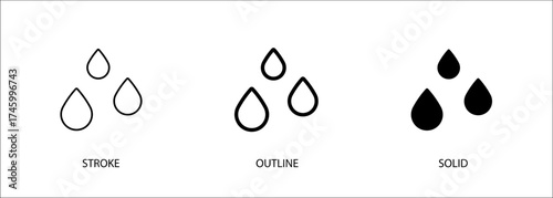 Water drop icons for rain, weather, liquid. Editable vector stroke, outline and solid icons.