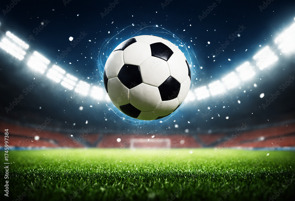 Naklejka premium a soccer ball with a glowing aura hovers above a green grass pitch in a packed stadium at night under bright floodlights for a championship match.