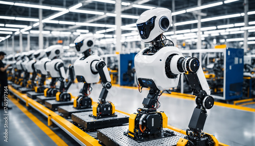 a detailed view of a sophisticated humanoid robot on a factory assembly line showcasing intricate wiring and advanced engineering components.