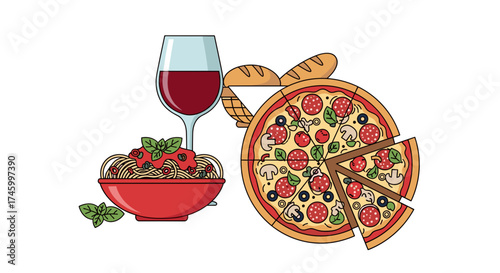 Still life of italian food with pizza spaghetti wine and bread rolls