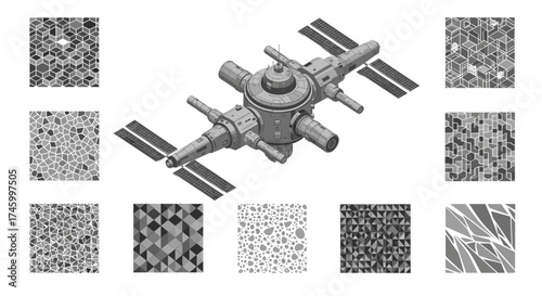 Isometric view of space station surrounded by geometric patterns