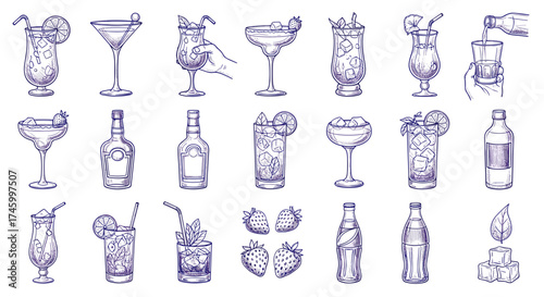 Illustration of various cocktail drinks and liquor bottles in sketch