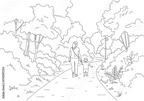 Heartwarming line art of mother and child walking outdoors, enjoying nature together, perfect for family blogs, parenting articles, and wholesome designs