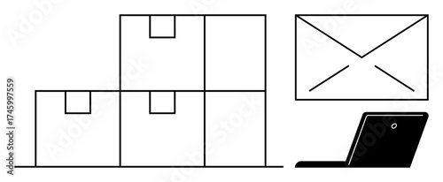 Stacked shipping boxes near laptop and email envelope visualizing online shopping, logistics, delivery, warehouse operation, digital communication, customer service, and remote business in simple