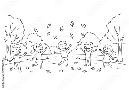 Delightful children joyfully playing with falling leaves in autumn, capturing the essence of childhood freedom and outdoor fun, originally a scalable vector graphic