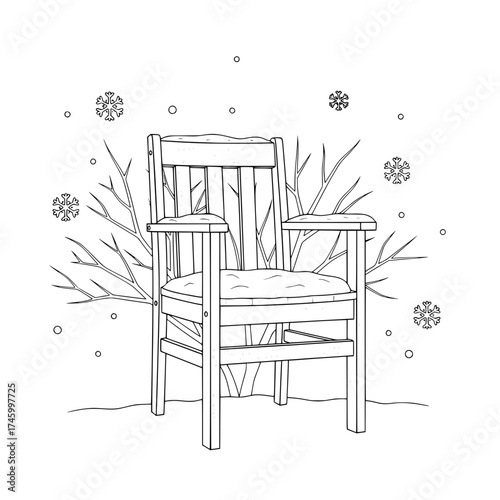 Elegant empty chair with falling snowflakes conjures winter solitude and peaceful reflection, perfect for seasonal design projects and calm, minimalist themes