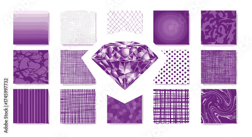 Collection of purple patterned cards with a central diamond jewel
