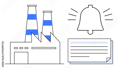Factory with chimneys, notification bell, and document representing process efficiency, safety alerts, and communication. Ideal for industry, safety, management, automation technology alerts