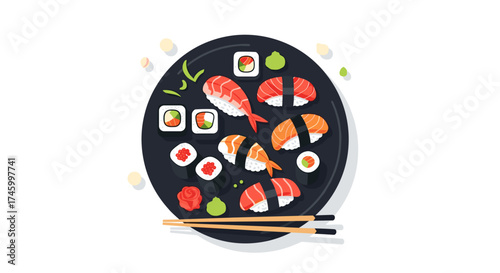 A platter of assorted sushi rolls and nigiri with chopsticks on white