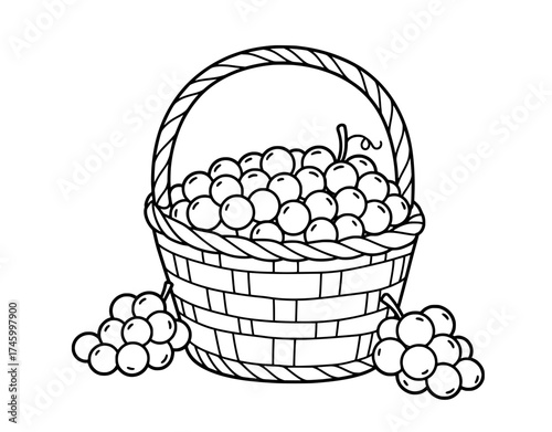 Delightful basket overflowing with fresh grapes, a charming harvest bounty perfect for healthy eating campaigns and vintage market promotions, simple graphic
