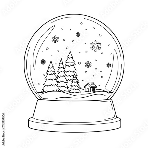 Enchanting snow globe scene with winter trees and a cozy house, perfect for holiday greetings and seasonal designs, originally a scalable vector graphic