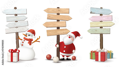 Set of blank wooden direction sign isolated with 3D cute Christmas's elements decorated graphic illustration.