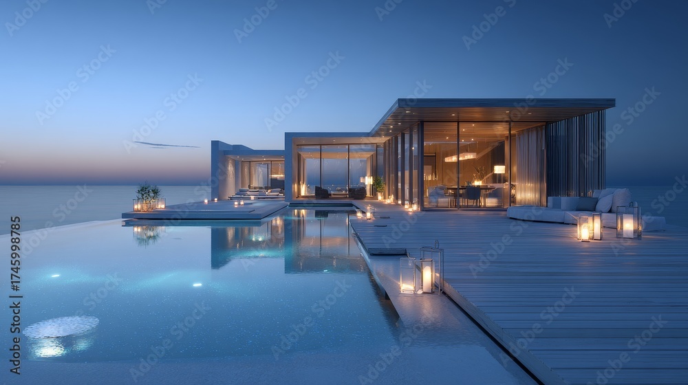 Obraz premium Modern luxurious villa with infinity pool by the sea at dusk