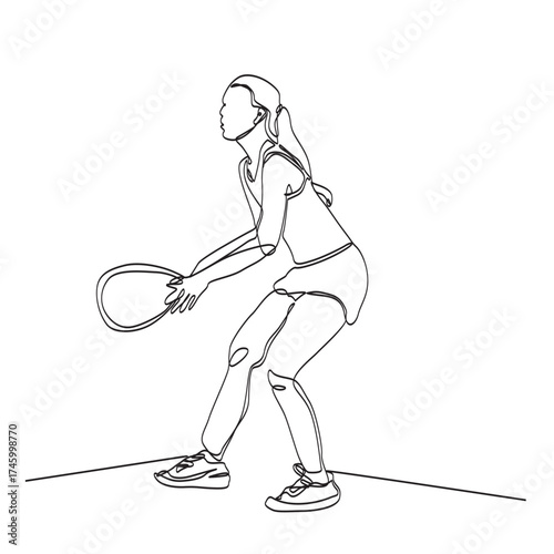 Continuous vector line art of woman playing padel or tennis with racket in side view ready for action