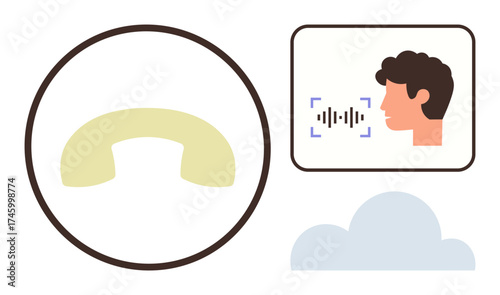 Yellow telephone icon, face speaking with sound wave recognition, and cloud symbol. Ideal for technology, communication, speech recognition, innovation, audio processing, cloud computing simple flat