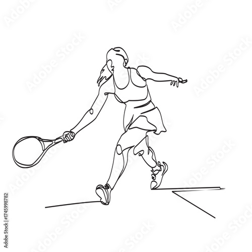 Continuous vector line art of woman playing padel or tennis with racket in forehand stroke action, female padel player art icon