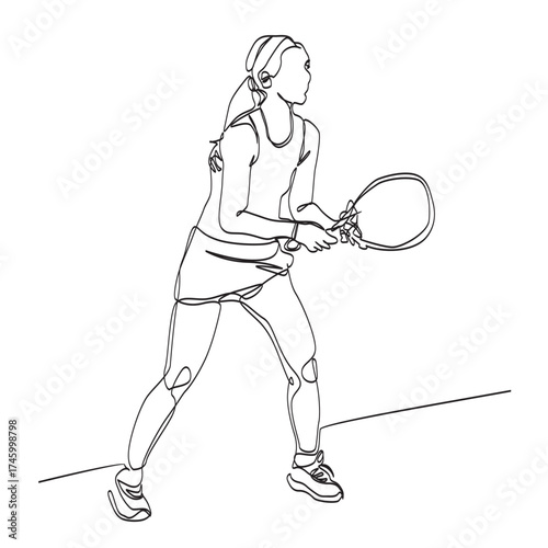 Continuous vector line art of woman playing padel or tennis with racket, female padel player art icon