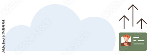 Large cloud shape with upward arrows next to an ID card featuring a user avatar. Ideal for data storage, user identity, information security, cloud technology, digital transformation, connectivity