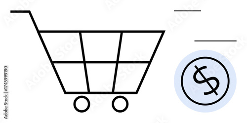 Shopping cart paired with a dollar coin highlighting commerce, finance, and online shopping. Ideal for e-commerce, sales, retail, economics, budget planning trade consumerism. A simple flat