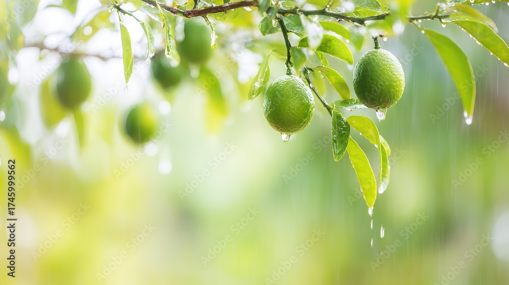 Fototapeta premium moisture. Vibrant green sudachi limes hanging from a rain-moistened branch with water droplets. menu design, packaging mockups, designed for culinary blogs and recipe cards for restaurants.