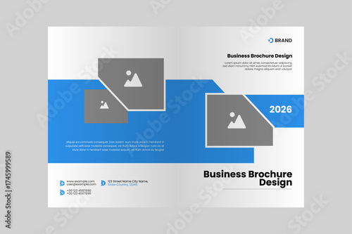 Business brochure design template with abstract blue and grey geometric shapes