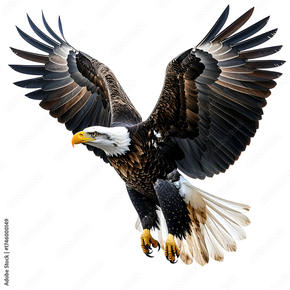 Obraz premium Majestic bald eagle in flight, wings spread wide, white head & yellow beak, against a dark backdrop
