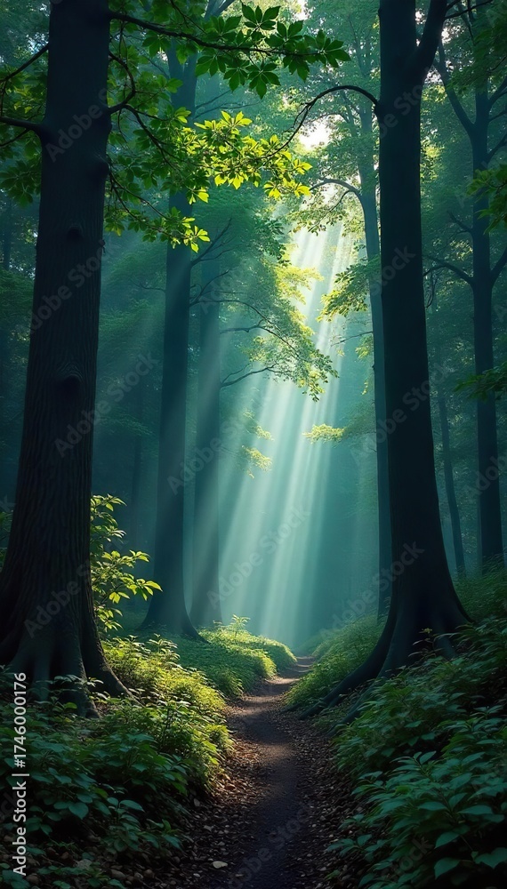 Fototapeta premium Ancient Forest Trail Sunlight Dapples Deep Shadows, Creating an Enchanting Atmosphere of Primal Beauty and Quiet Intensity. Ideal for fantasy, adventure, and nature projects.