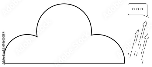 Cloud outline with data arrows indicating upward movement and chat bubble symbolizing information flow. Ideal for technology, innovation, cloud storage, data transfer, communication, digital tools