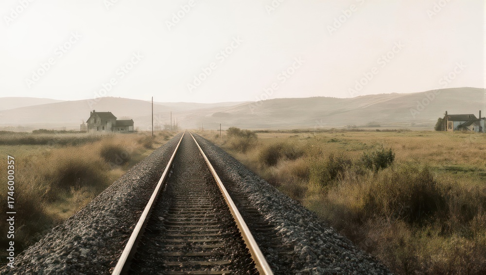 Fototapeta premium A perspective shot of railway tracks extending into the distance, leading to a misty rural setting