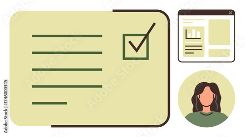 Checklist with tick mark, user profile avatar, and webpage layout. Ideal for organization, productivity, workflow, profiles, online tasks user experience digital planning. Simple flat metaphor