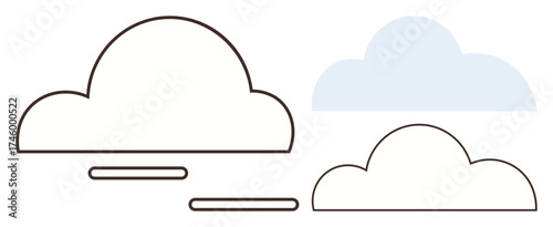 Cloud shapes in outline and solid styles with dynamic horizontal lines. Ideal for weather, communication, connectivity, travel, data storage, innovation, abstract thought, simple flat metaphor