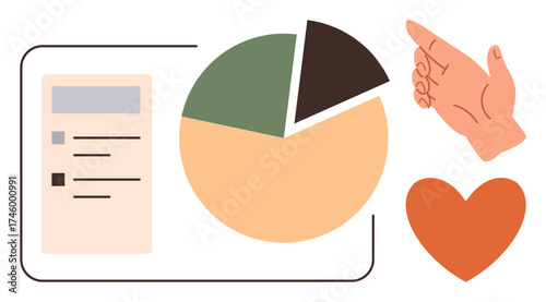Pie chart, checklist, and hand gesture highlight analytics and planning. Heart symbolizes care. Ideal for business strategy, teamwork, planning, analysis, care leadership simple flat metaphor