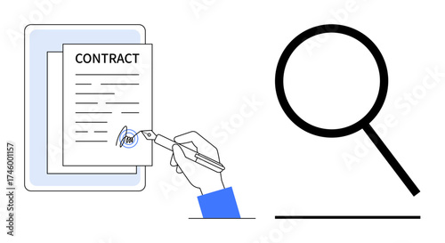 Hand signing a contract on a clipboard next to a magnifying glass symbolizing document analysis, legal compliance, business agreements, transparent negotiation, accountability, decision-making
